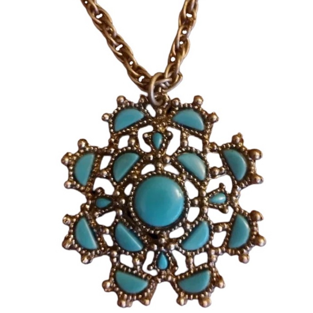 Vintage Silver Tone Faux Turquoise Celluloid Pendant Necklace